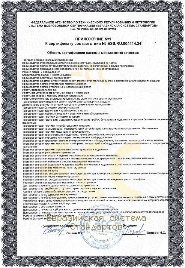 Приложение №1 К сертификату соответствия № ESS.RU.004414.24